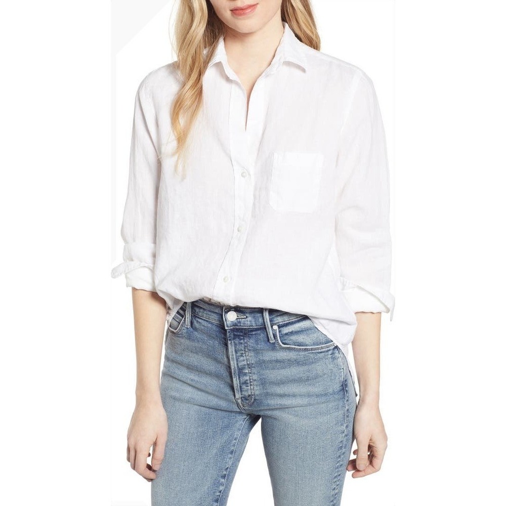 Grayson The Hero Tumbled Linen Shirt Women Large White Button Down Top Lagenlook